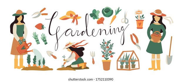 Girl horticultural plant. A young woman works in the garden or on the farm. Vector illustration with lettering Gardening. Flat stickers, cute garden tools.