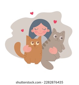 Girl, hostess hugs her funny cartoon cats. Respect Your Cat Day. Love to our pets. Vector illustration
