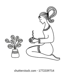 Girl with hot coffee and a home flower in a pot. Monochrome vector illustration in doodle style. The concept of relaxation and home comfort