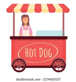 Girl hot dog seller icon cartoon vector. Food stand. Vendor market