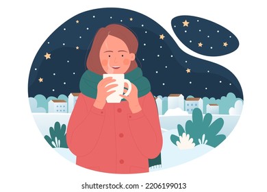 Girl with hot drink at winter cold. Lady holding cup of coffee outside on freezing season cartoon vector illustration