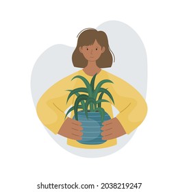 The girl with house plant in pot in her hands. Planting plants. Decorative plants in the interior of the house. Flat style.