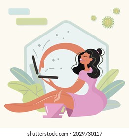 Girl is in the house, working at a computer against the background of autumn leaves with a cup of coffee for cheerfulness. Freelance woman in a pink vigorously presses the buttons of a laptop.Vector