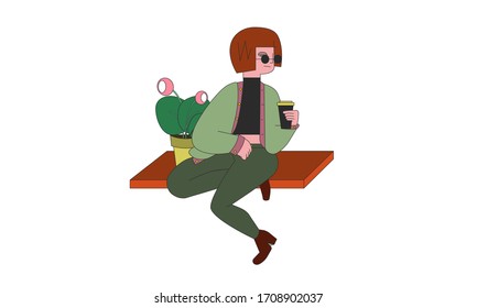 a girl with a houseplant and coffee to go sitting on a banch. stylish postcard of life style and a young person. flat illustration, vector, isolate