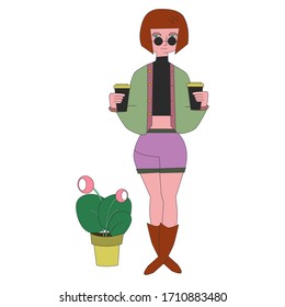 a girl with a houseplant and two cups of coffee to go waiting her friend. stylish postcard of life style and a young person. flat illustration, vector, isolate