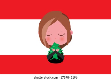 Girl hug cedar tree on Lebanon flag background. Pray for Lebanon from explosion. Cartoon flat vector illustration.