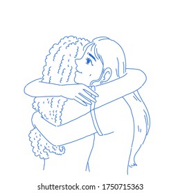 Girl hug her friend character design of vector. Good relationship. Doodle illustration style.