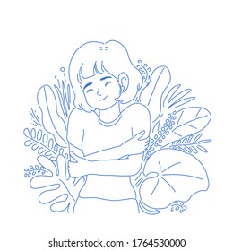 Girl hug herself character design of vector. Cartoon illustration.