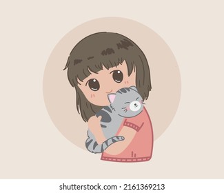 Girl hug pet cat cute cartoon illustration premium vector  