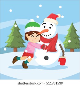girl hug snow man
