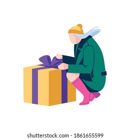 Girl with Huge Box with Bow. Woman dressed in winter clothes celebrating holiday. Person receiving or preparing gift for congratulations. Merry Christmas and Happy New Year cartoon vector illustration