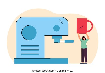 Girl with huge cup standing near coffee machine flat vector illustration. Person brewing espresso in morning. Beverage, energy concept for banner, website design or landing web page