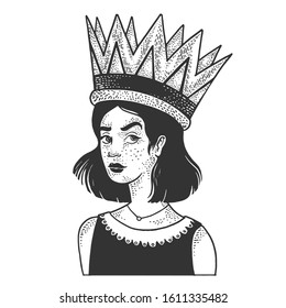 Girl in a huge giant royal crown sketch engraving vector illustration. Inflated self-esteem metaphor. T-shirt apparel print design. Scratch board style imitation. Black and white hand drawn image.