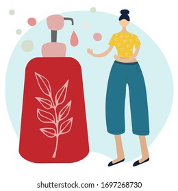 Girl and a huge liquid soap. Vector illustration flat cartoon design. wash your hands consept. Personal hygiene.