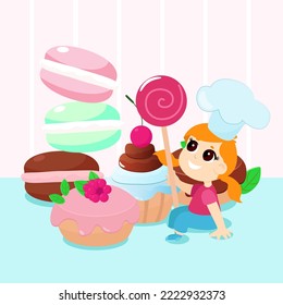 Girl with a huge lollipop near macaroons, cakes and muffins in cartoon style. Illustration of children's love for sweets.