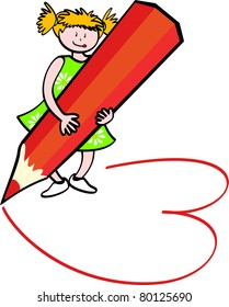 Girl with a huge pencil drawing, vector