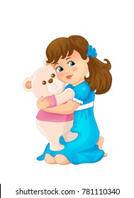 Girl hugging a bear. Clothes pink blue. Bear smiles. Toys illustration.