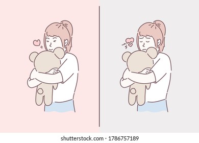Girl hugging bear toy with happiness and sadness mood. Hand drawn character style vector.