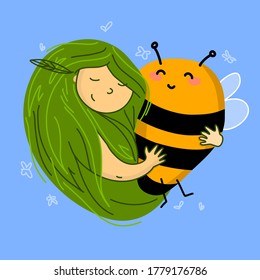 Girl hugging a bee. Peaceful and friendly illustration in a summer mood. Illustration in bright colours in a shape of a heart. Illustration for kids. Caring about  nature and environment. 