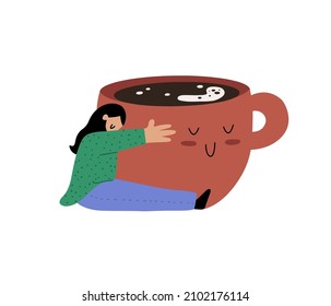 Muchacha abrazando una taza de café linda grande, concepto de café espresso fuerte amoroso, ilustración vectorial aislada