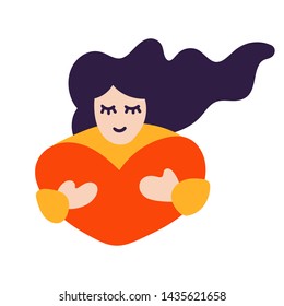 Girl hugging big heart. Love yourself concept. Hand drawn vector illustration. 