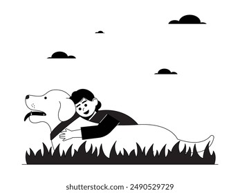 Girl hugging big tame dog happily, kid and pet vector illustration