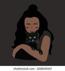 Girl hugging a black cat vector illustration.Great for book covers, print images for t-shirts,postcard,Wall painting,etc.eps10.