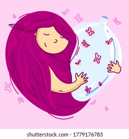 Girl hugging a lot of bottle with butterflies. Peaceful and friendly illustration in a summer mood. Illustration in pink pastel colours in a shape of a heart. Illustration for kids.