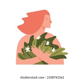 A girl hugging a bouquet of flowers, a flat icon for a florist, the concept of self-love, psychological healing from childhood trauma. Flat vector illustration isolated on white background.