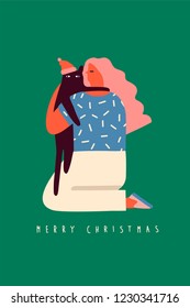 Girl hugging a cat christmas card illustration. Winter holiday collection.