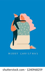 Girl hugging a cat christmas card illustration. Winter holiday collection.