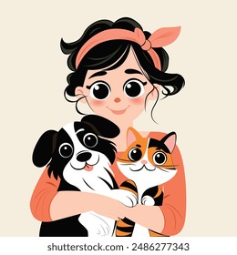 Girl hugging a cat and a dog
