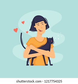 Girl hugging a cat. Flat design vector illustration