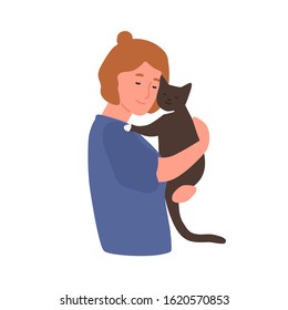 Girl hugging cat flat vector illustration. Woman with kitten isolated on white background. Pet and owner friendship. Female cartoon character with domestic animal color design element.