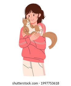 Girl hugging a cat and smiling happily. Pet and owner concept vector illustration.