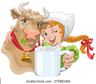 Girl hugging a cow and a farmer holding a cup of milk. Illustration in vector format
