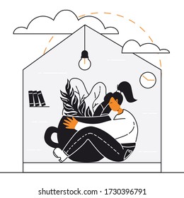 Girl is hugging a cup of herbal tea in her house. Self care poster. Self-isolation and COVID-19 quarantine vector illustration.