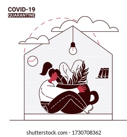 Girl is hugging a cup of herbal tea in her house. Self care poster. Self-isolation and COVID-19 quarantine vector illustration. 