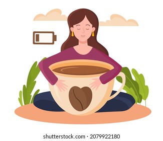 Girl hugging cup. Woman replenishes low energy with coffee or tea. Metaphor of energetic person. Employee burned out at work. Person rejuvenates with hot drink. Cartoon flat vector illustration