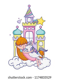 girl hugging cute unicorn in the castle