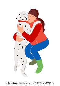 Girl hugging dalmatian dog isolated on white background. Vector illustration.