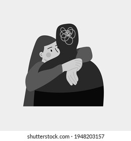 Girl hugging a dark silhouette of person with bad thoughts. Hand drawn Vector illustration. Mental health issues, Self care, love, loss, acceptance, feeling of frustrated, anxiety concept