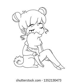 Girl hugging a dog. Colored cartoon characters with eyes closed. Red dog in a yellow scarf. A girl with brown hair. Friendship between man and dog. Side view. Vector illustration for coloring book.