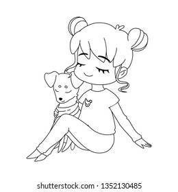 Girl hugging a dog. Colored cartoon characters with eyes closed. Red dog in a yellow scarf. A girl with brown hair. Friendship between man and dog. Side view. Vector illustration for coloring book. 