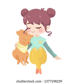 Girl hugging a dog. Colored cartoon characters with eyes closed. Red dog in a yellow scarf. A girl with brown hair. Friendship between man and dog. Vector illustration on a white background for design