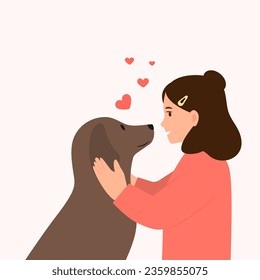 Girl hugging dog. Happy kid with puppy. Friendship of girl and pet. Vector illustration