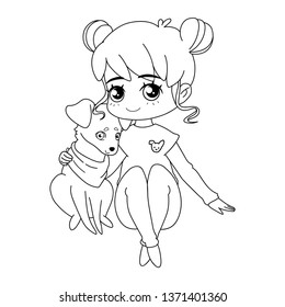 Girl hugging a dog. Linear cartoon characters. Friendship between man and dog. Vector illustration for coloring book, stencil, design, prints.