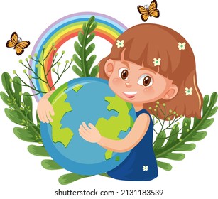 A girl hugging earth globe in cartoon style illustration