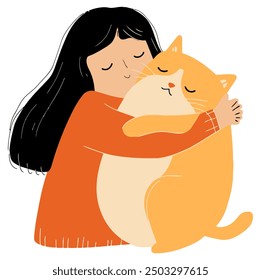 Girl Hugging a Fat Cat, Cute and Affectionate Design - Flat Vector Illustration