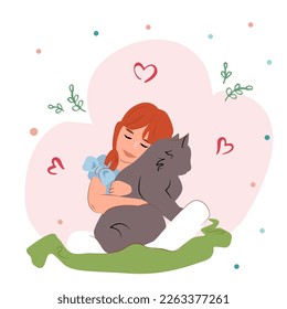 Girl hugging a fluffy cat. Cat love. Vector illustration for National Pet Month.